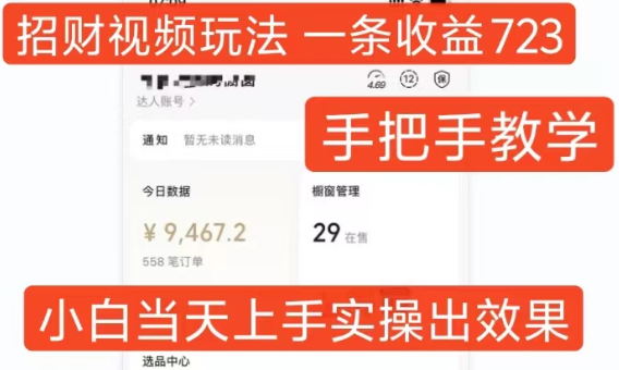招财视频玩法，一条视频收益723，手把手教学，小白当天可上手-第一资源库