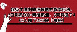 超级牛逼的微信病毒式裂变玩法，日引流500+精准流量，3天引流了400人赚了1500块【揭秘】-第一资源库