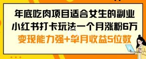 年底吃肉项目适合女生的副业小红书打卡玩法一个月涨粉6万+变现能力强+单月收益5位数【揭秘】-第一资源库